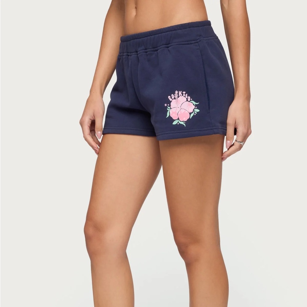 Edikted Navy Shorts with Pink Floral Graphic